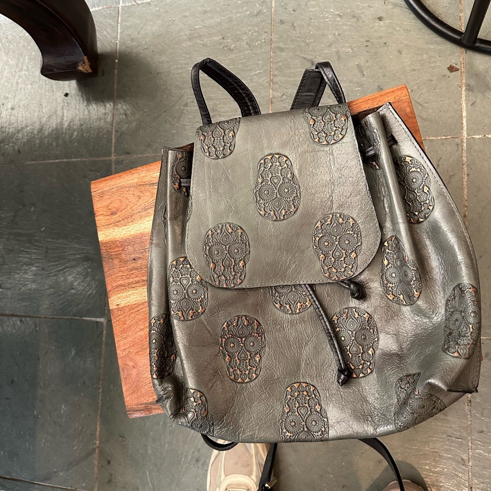 Olive Green Embossed Skull Drawstring Backpack